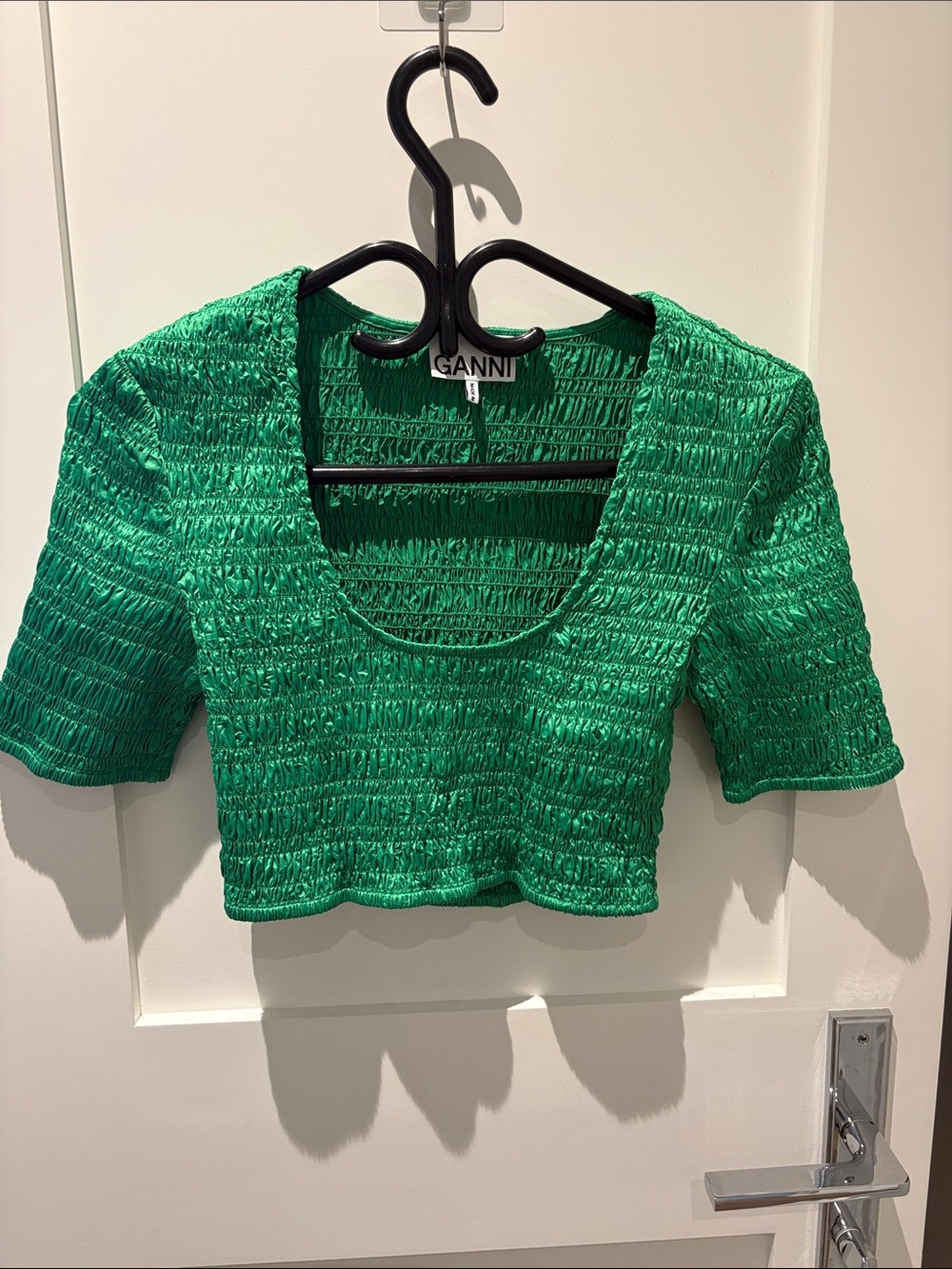 Ganni Emerald Green Smocked Scoop Crop Top